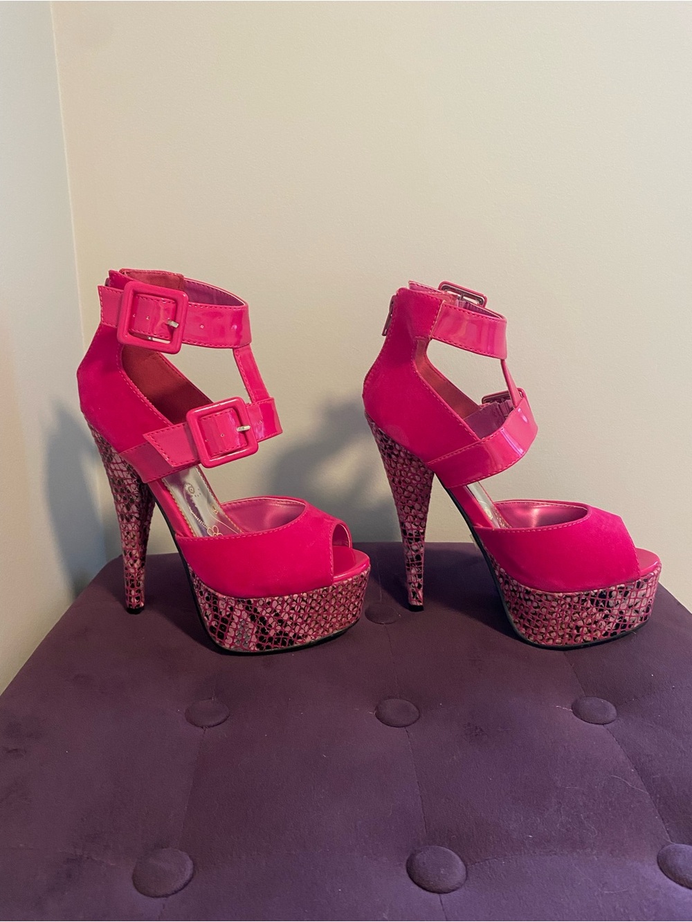 NWOT HOT Pink Platform Peep-Toe High Heels with Ankle Straps